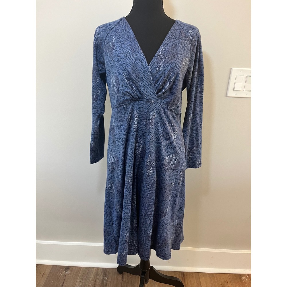 Patagonia Women's Metairie Dress Blue‎ Geometric Organic Cotton V-Neck L